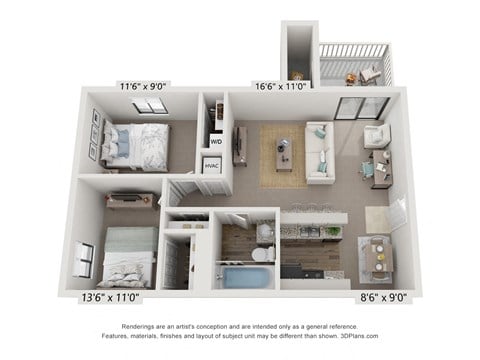 Floor plan for 2 beds, 1 bath, 840 sqft